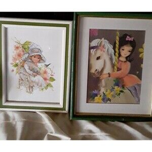 Vintage Mid Century Prints, Girls, Big Eyes, Framed